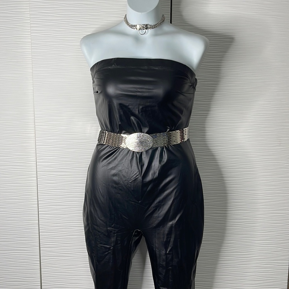 NWOT Fashion Nova Black Faux leather sleeveless jumpsuit sz 1x
